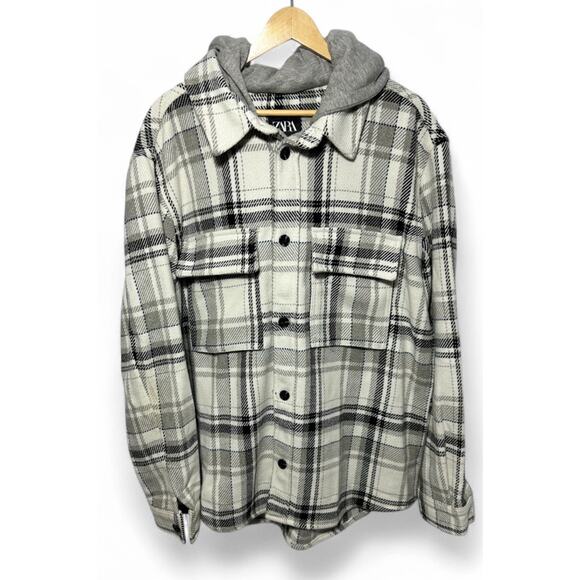 Zara Men's Plaid Shacket Button Up Hooded Shirt Jacket Cream Gray Black size L - Picture 2 of 12